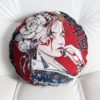 Le Coussin Geisha - rond couleur bleu rouge- représente la tête d'une gahisha