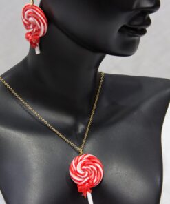 pendentif et boucles d'oreilles sucettes spirale rouge et blanche