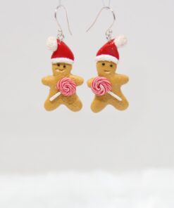 boucles d'oreilles bonhomme en pain d'épices avec bonnet de Noël rouge et blanc et sucette spirale